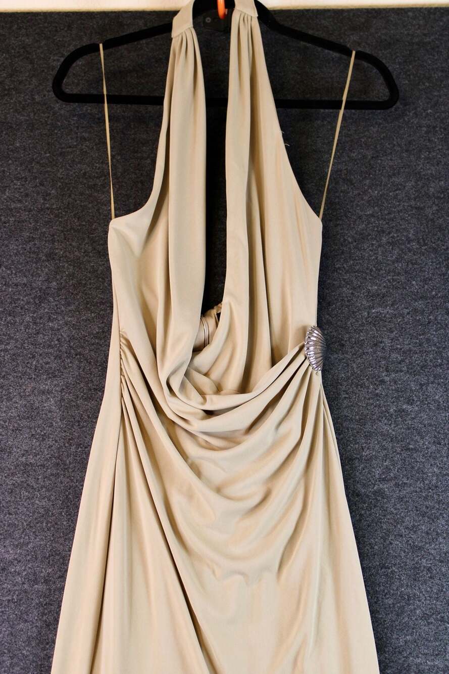 Zara Seashell Halter Cowl Neck Midi Dress in Beige